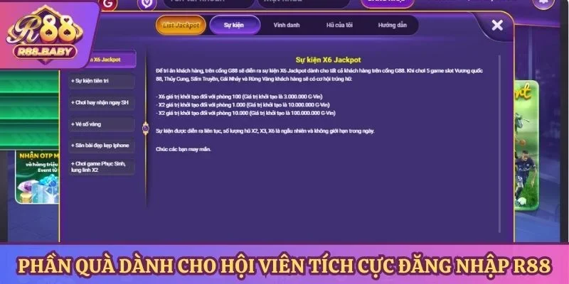 Những phần quà giá trị dành cho hội viên tích cực đăng nhập R88